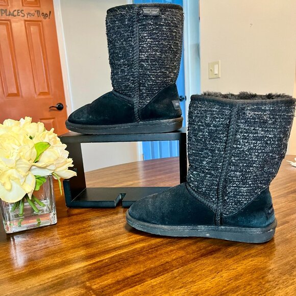 Minnetonka Suede & Tweed Genuine Sheepskin & Wool Lining Black Boots Size 7 - Picture 3 of 7